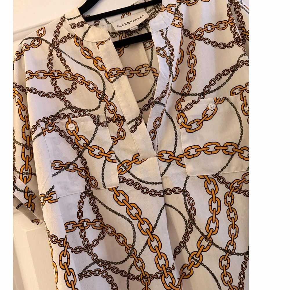 Luxe White with Gold Chain Link Print Henley Style Woven Pocket Blouse - Picture 3 of 4